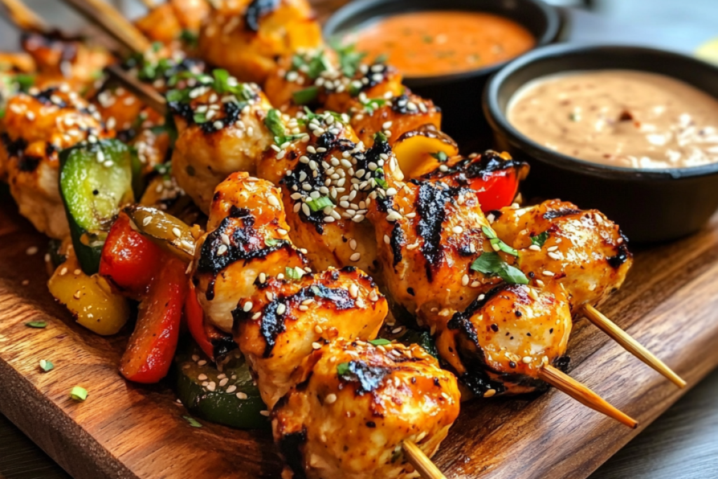 Bang Bang Chicken Skewers served with creamy sauce and garnishes