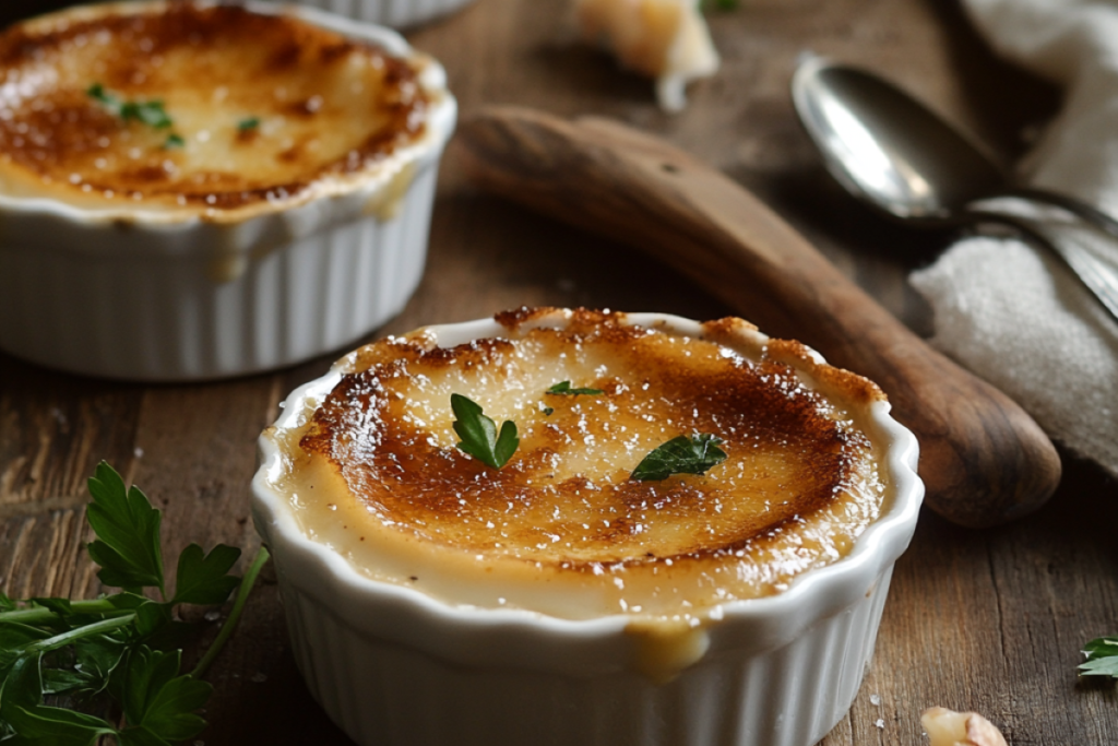 Elegant banner featuring crab brulee served in ramekins with golden caramelized sugar topping, fresh crab shells, and herbs like parsley on a rustic wooden table.