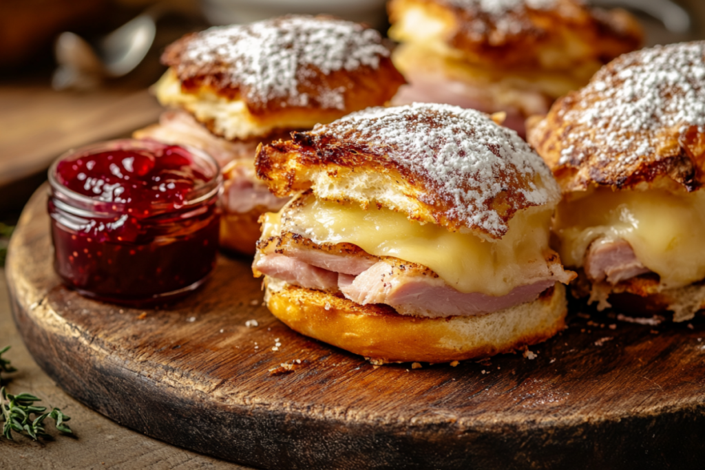 Monte Cristo Sliders with ham, turkey, and Swiss cheese, served with raspberry jam and powdered sugar, presented on a rustic wooden plate.