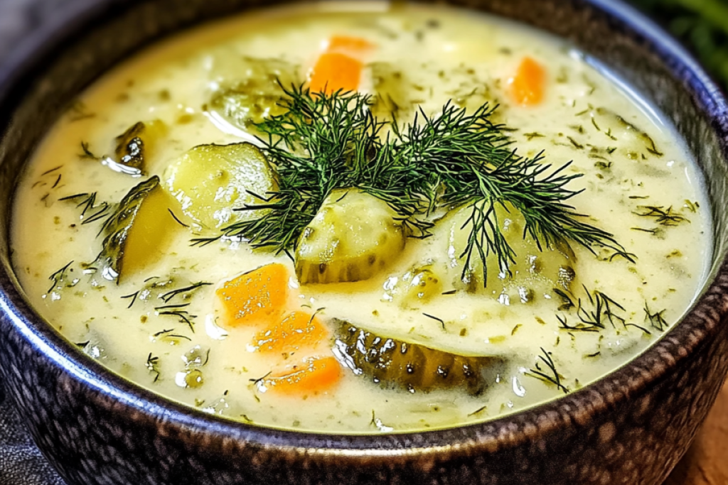 Creamy Dill Pickle Soup served in a bowl with fresh dill on top.