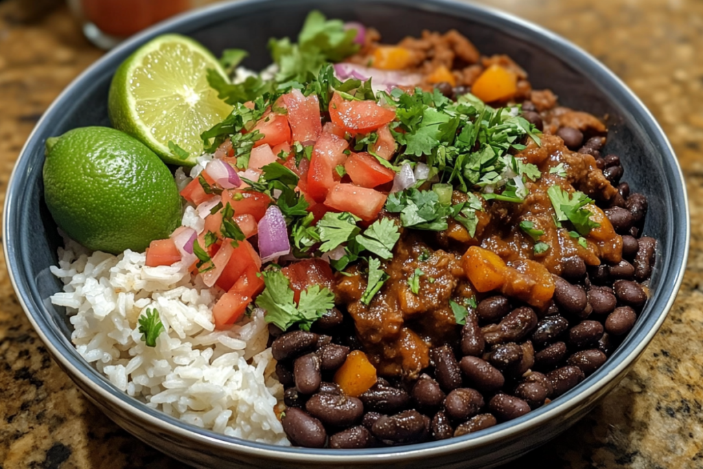 Homemade Chipotle black beans with cilantro garnish.