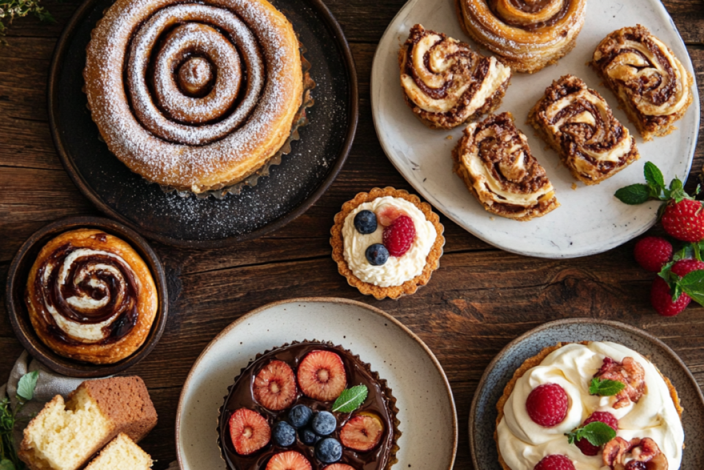 Selection of freshly baked sourdough desserts, including cinnamon rolls, chocolate cake, and fruit tarts, arranged on rustic wooden plates. Soft lighting enhances the inviting, homemade feel, emphasizing the texture and artisanal nature of the treats