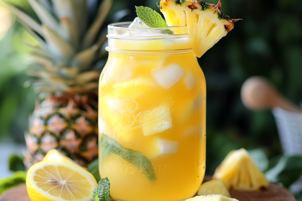 Refreshing mason jar of pineapple lemonade with ice cubes, garnished with pineapple slices, lemon wedges, and mint leaves, set against a sunny outdoor backdrop.