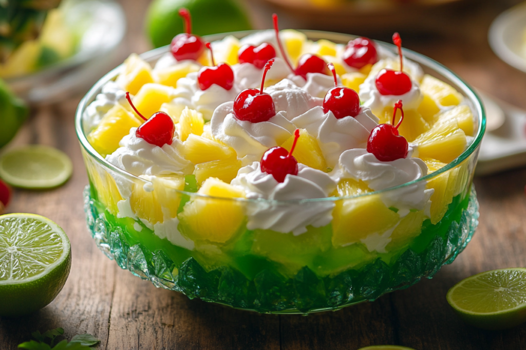 Lime Jello Salad in a dish with whipped cream and cherries.