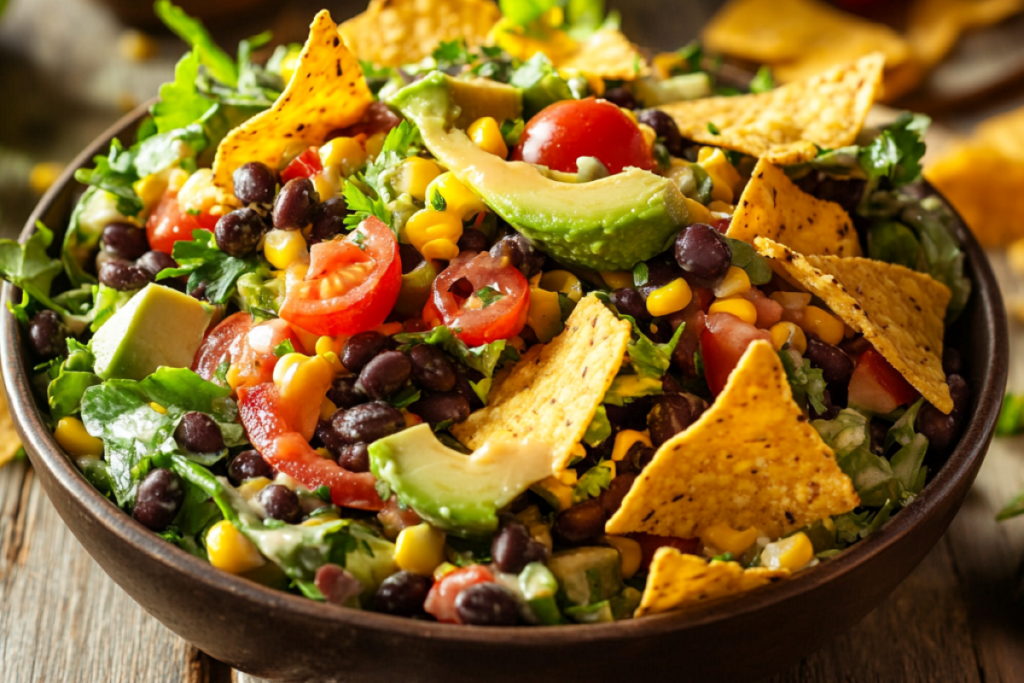 Vibrant and colorful vegan taco salad with fresh vegetables, black beans, corn, avocado, and tortilla chips, drizzled with a zesty vegan dressing, set on a rustic wooden table