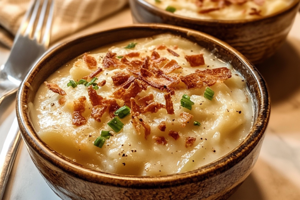 Baked Potato Soup with cheese, bacon, green onions, and sour cream in a cozy kitchen setting.