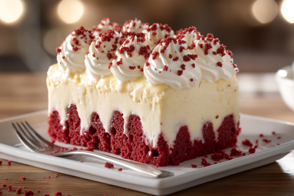 Red Velvet Poke Cake topped with whipped cream and fresh berries.