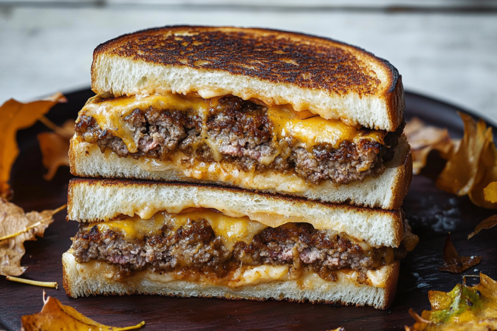 Close-up of a golden, crispy Patty Melt sandwich with melted cheese and caramelized onions.