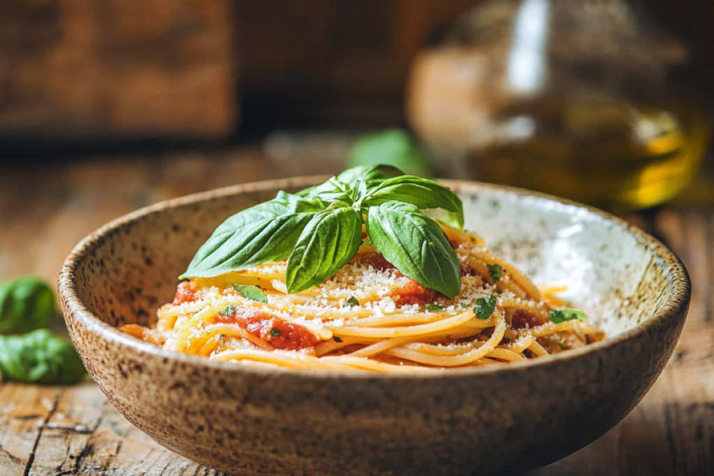 Bowl of spaghetti marinara topped with fresh basil, served with a drizzle of olive oil and a rustic wooden table background