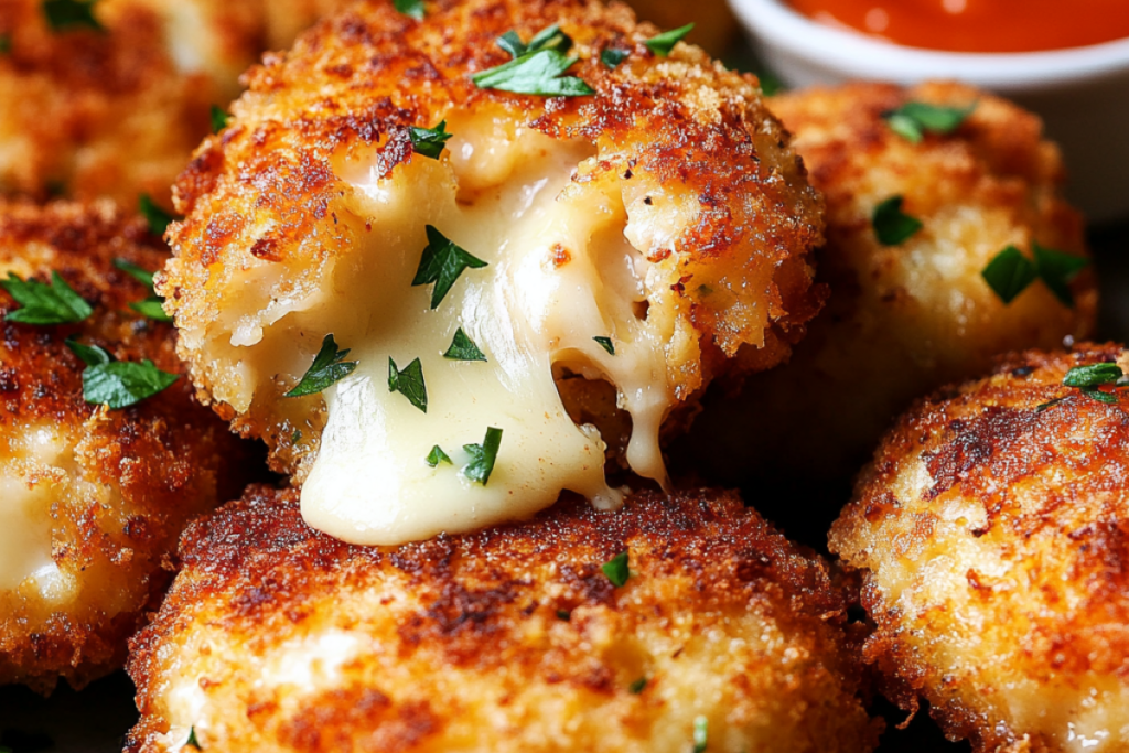 Close-up of golden-brown crispy cheesy chicken fritters garnished with fresh parsley, with melted cheese visible in the center, served with ranch and sweet chili dipping sauces