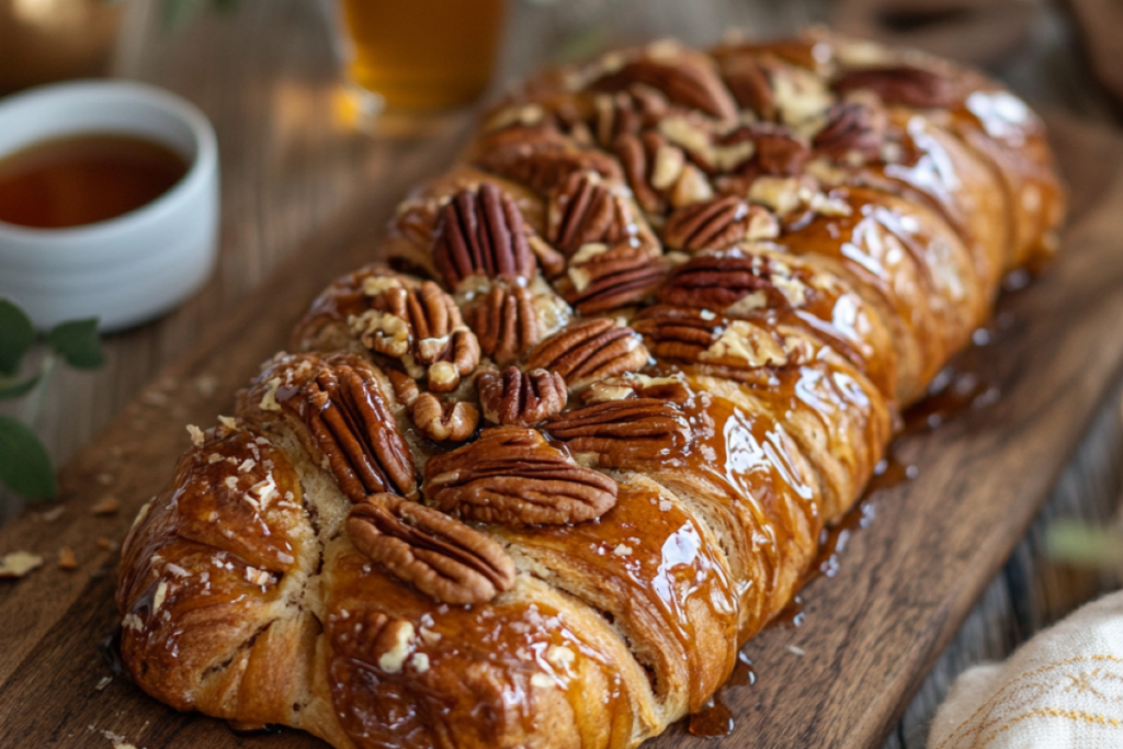 A freshly baked Maple Pecan Plait on a rustic wooden table, featuring a golden-brown braided crust, pecans spilling from the center, and a drizzle of maple syrup on top.