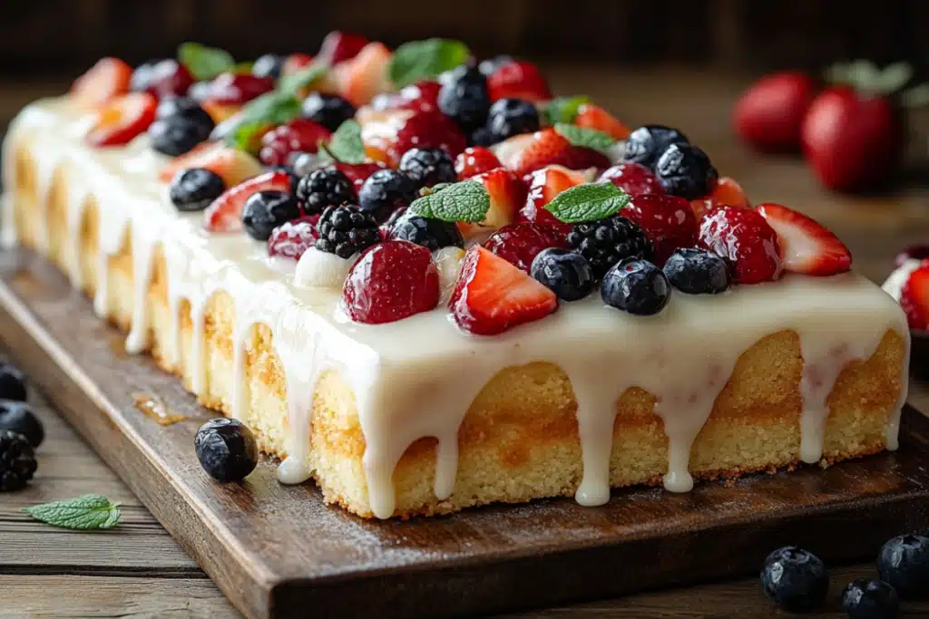 Delicious kefir sheet cake with fresh fruit and glaze