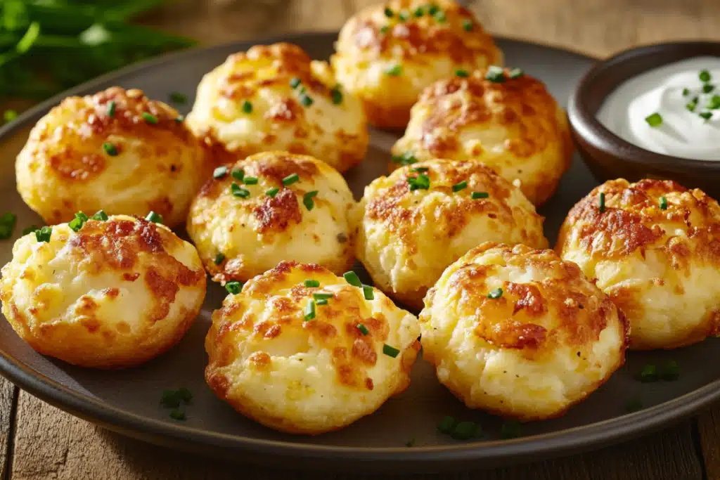 A plate of crispy Cheesy Mashed Potato Puffs garnished with chives.