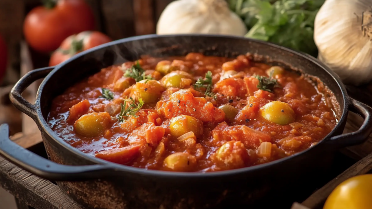 Bowl of Chilean Tomato Stew with Fresh Ingredients