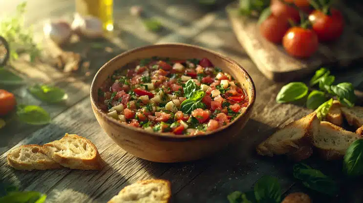 Bruschetta Dip served with fresh basil and toasted bread.