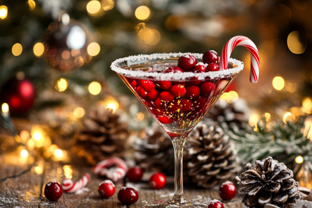 Festive Christmas Martini with candy canes and holiday decorations.