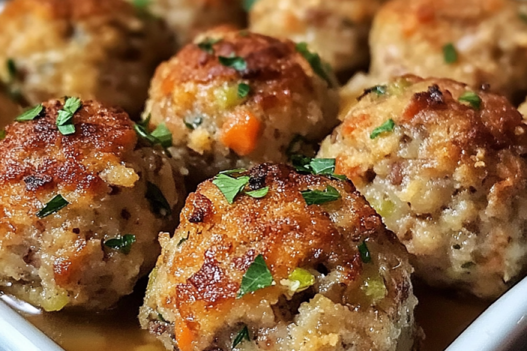 Turkey stuffing balls on a baking sheet, golden and crispy.