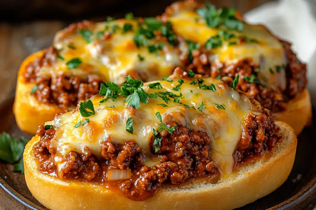 Sloppy Joe Garlic Bread topped with melted cheese and parsley on a wooden table.