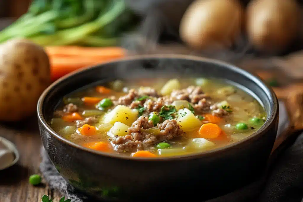 Hearty Hamburger Potato Soup in a rustic bowl surrounded by fresh vegetables.