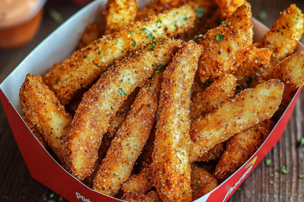 Golden Popeyes Cajun Fries with Cajun seasoning in a red and white box.