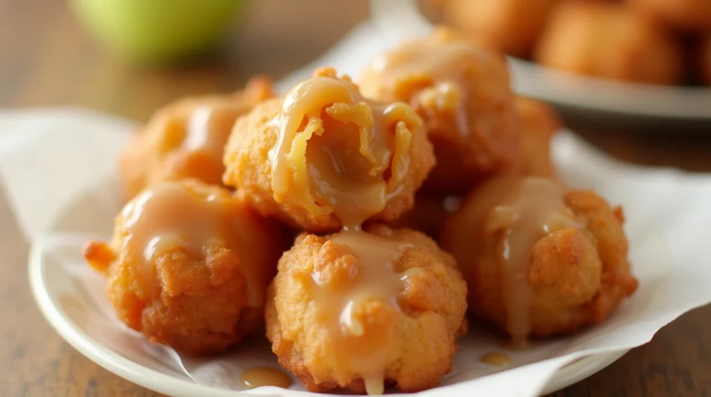 Apple fritter bites with glaze on a wooden plate, surrounded by cinnamon sticks and apples.