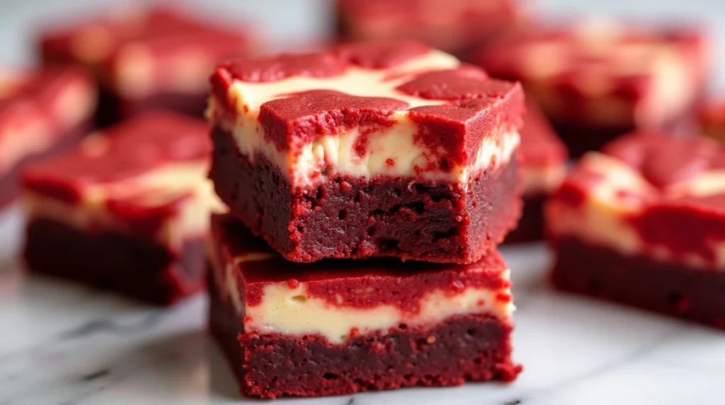 Red velvet brownies with cream cheese swirl served in a white plate