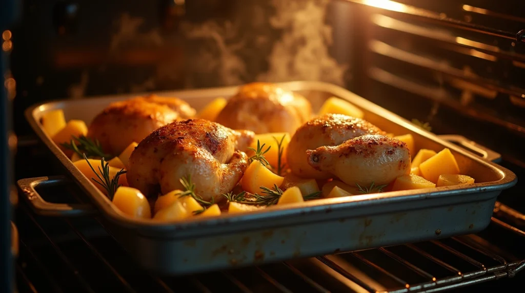 One pan chicken and potatoes with roasted vegetables, featuring golden chicken, crispy potatoes, and caramelized carrots and onions.