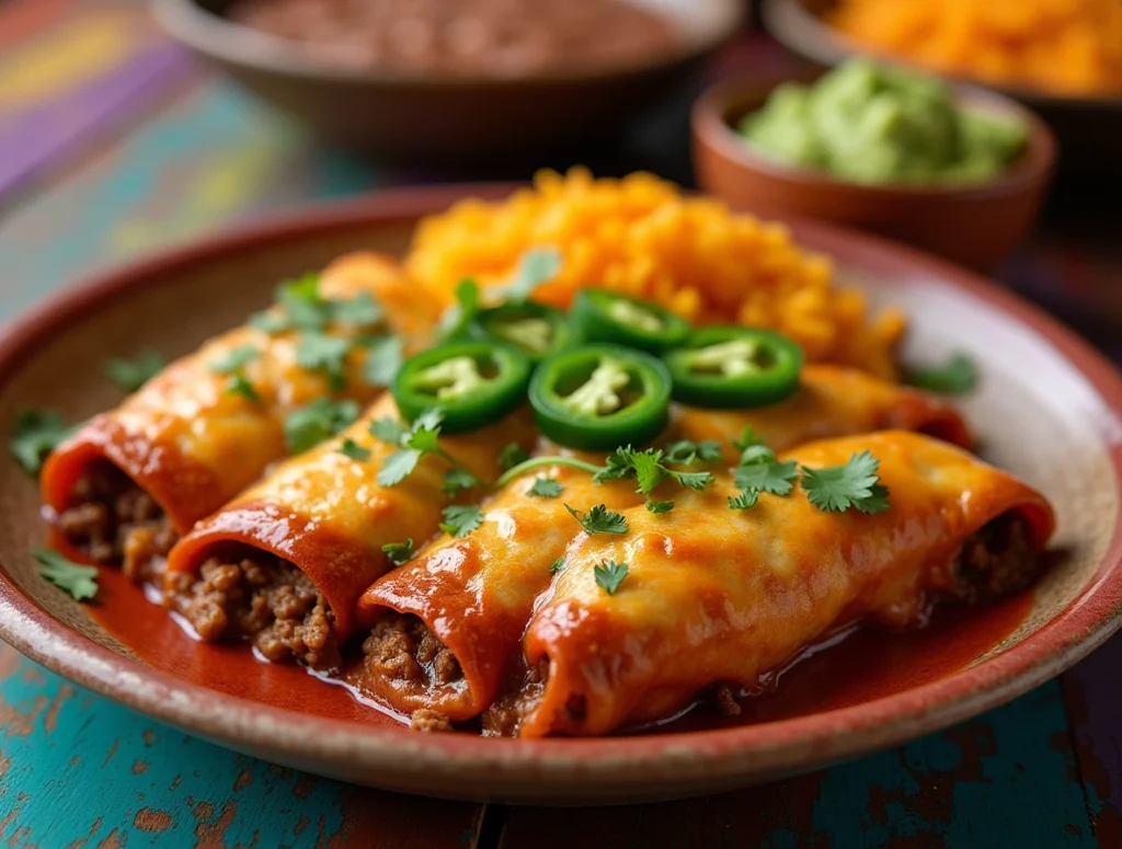 Ground Beef Enchiladas with melted cheese, fresh cilantro, and toppings on a rustic wooden table