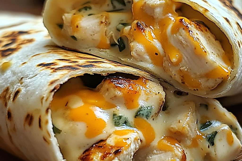 Cheesy garlic chicken wraps filled with tender chicken and melted cheese.