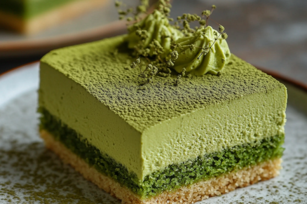 Close-up of a sliced matcha mousse cake on a plate, showcasing the smooth green mousse filling and matcha sponge with decorative matcha powder garnish.