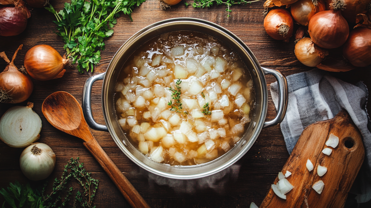 A pot of boiling onions surrounded by fresh herbs and kitchen tools.