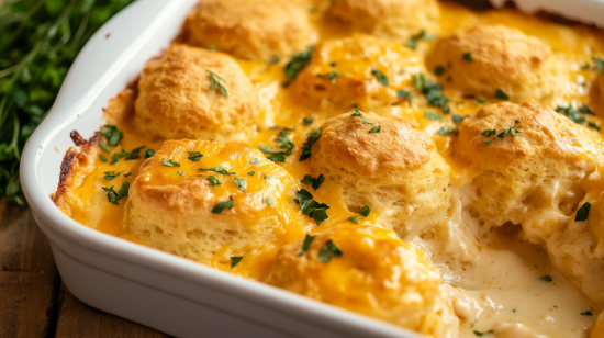 Chicken Bubble Biscuit Bake in a casserole dish