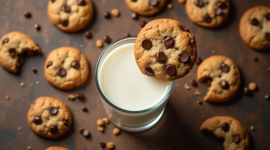 Chocolate chip cookie dunked in milk on a rustic table.