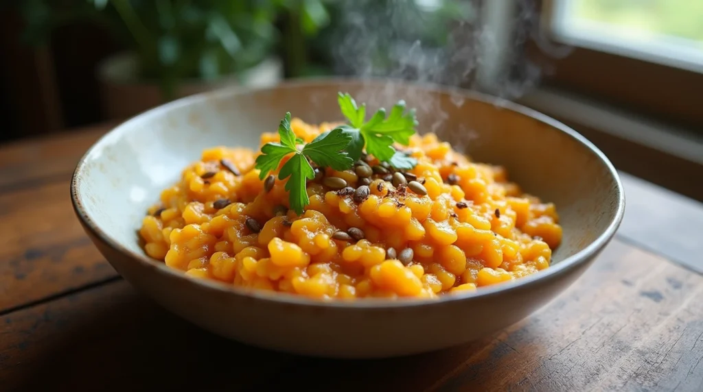 Bowl of pumpkin risotto with beans garnished with parsley.