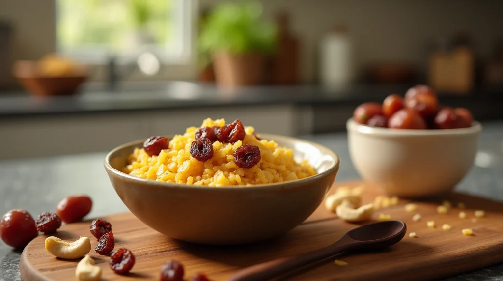 Date palm rice kheer garnished with cashews and raisins