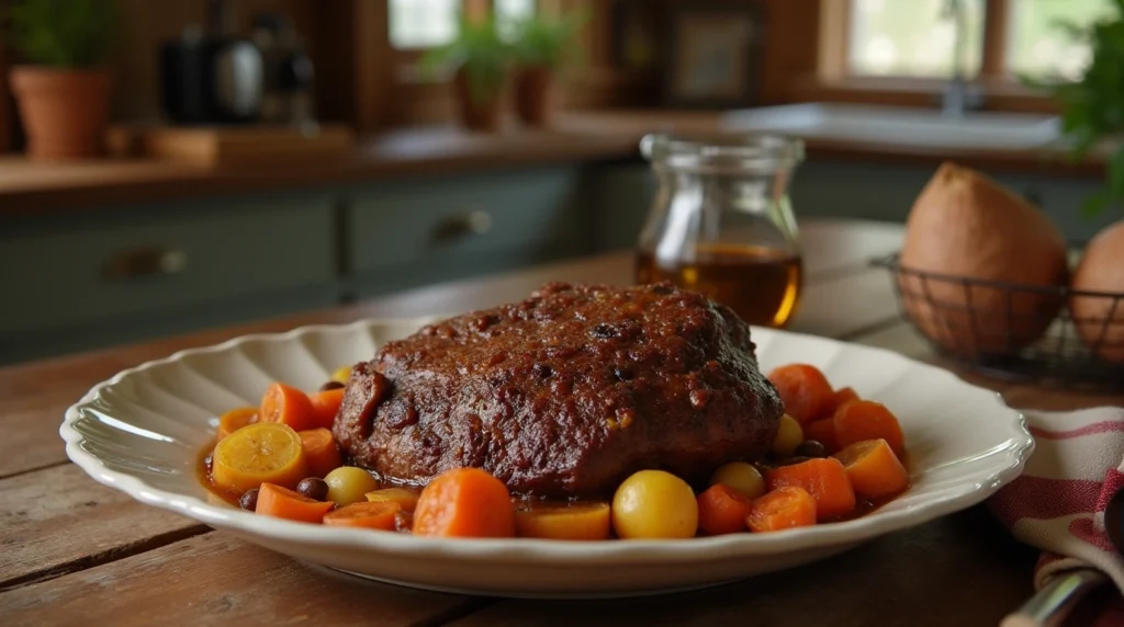 Rustic deer pot roast served with vegetables in a slow cooker