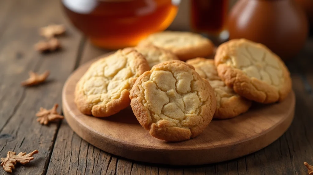 Freshly baked maple syrup cookies on a wooden board with syru