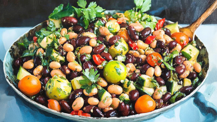 Dense Bean Salad in a rustic bowl with fresh vegetables."
Title: "Dense Bean Salad with Fresh Ingredients