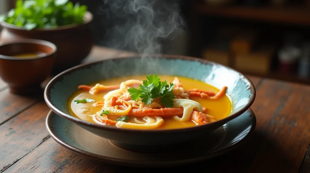 A bowl of fish maw soup with golden broth and cilantro garnish.