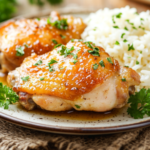 Honey Garlic Chicken with Rice on a Wooden Table