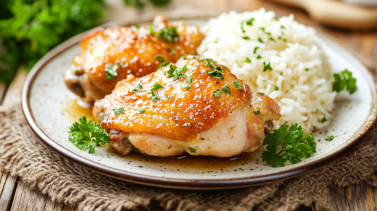 Honey Garlic Chicken with Rice on a Wooden Table