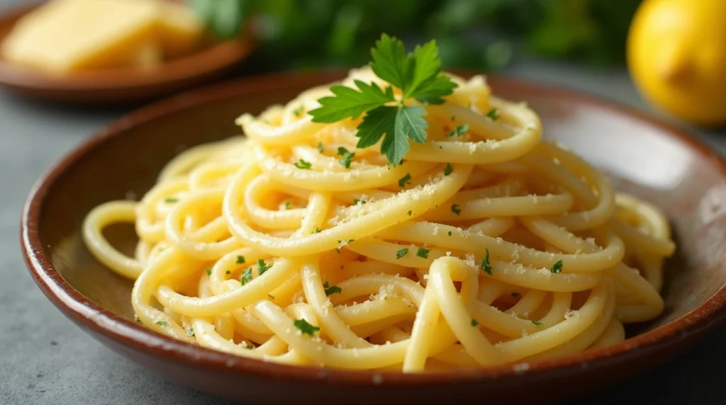  Lemon Parmesan pasta garnished with parsley and lemon zest.