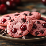 Freshly baked Maraschino Cherry Chocolate Chip Cookies on a plate.