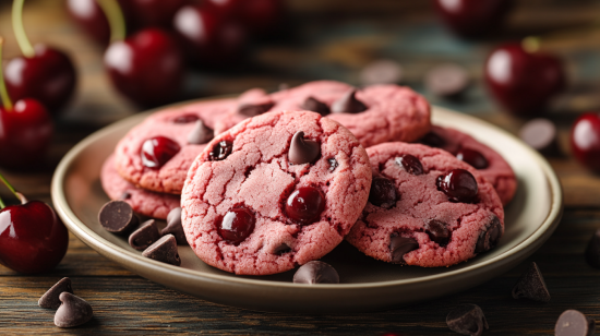 Freshly baked Maraschino Cherry Chocolate Chip Cookies on a plate.