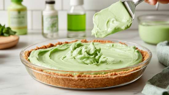 Shamrock Shake Pie filling being poured into crust