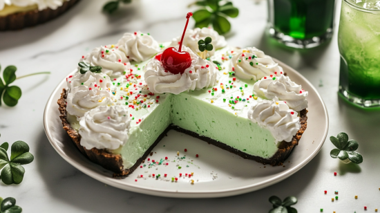 A slice of Shamrock Shake Pie served with whipped cream and Irish coffee