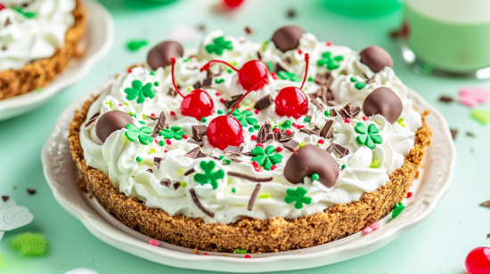 Shamrock Shake Pie topped with whipped cream and cherries