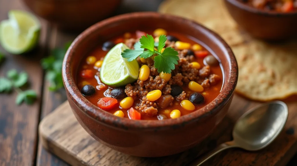 A hearty bowl of Taco Soup Frios garnished with cilantro and lime