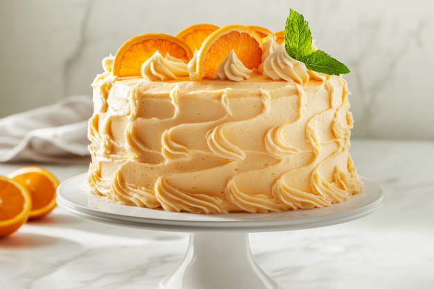 Deliciously decorated orange creamsicle cake ready to serve"