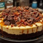 Delicious Chocolate Bourbon Bacon Cheesecake with a drizzle of caramel and bacon crumbles